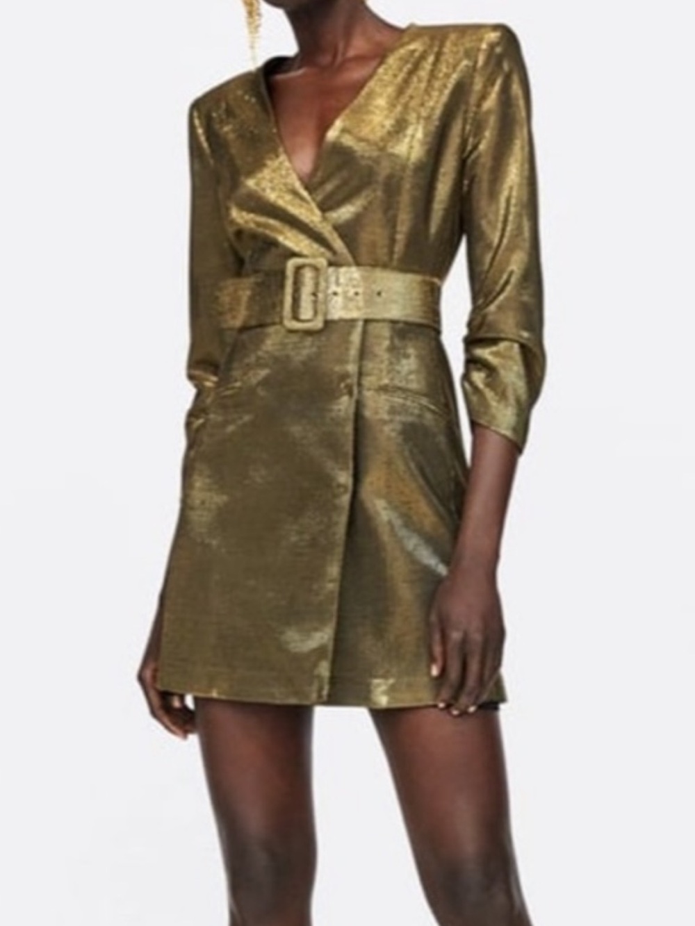Zara Metallic Gold Belted Blazer Mini Dress Size S Party Holiday Statement